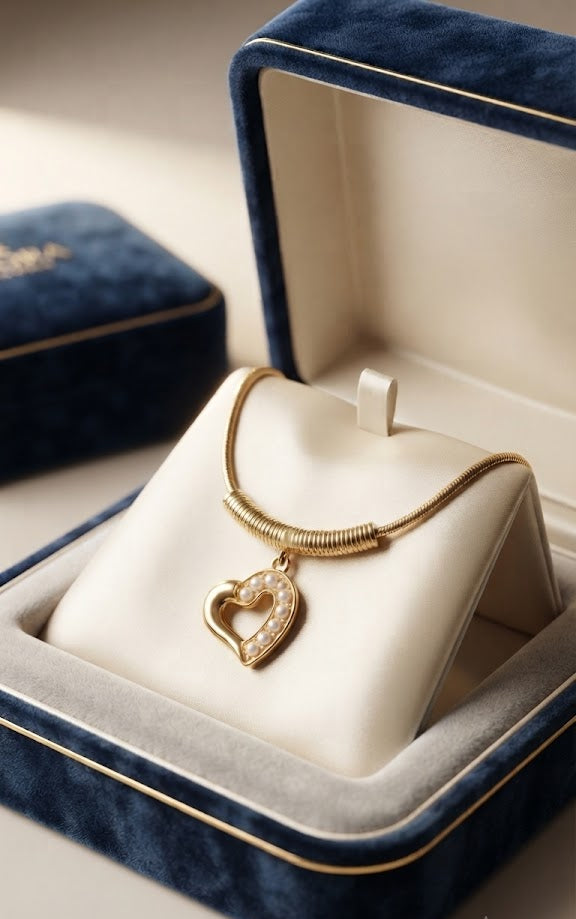 Gold open heart pearl necklace worn on model in black top – bridal heart pendant necklace by AureliaBlends