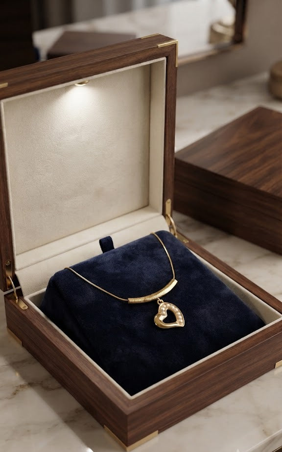 Gold open heart pearl necklace flat lay on white marble with jewellery box and lavender – dainty gold pendant necklace AureliaBlends