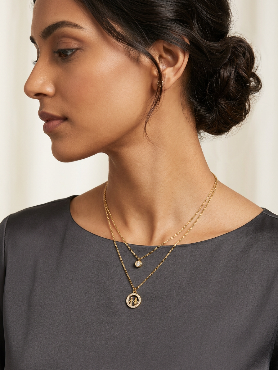 Gold double layer family pendant necklace displayed on black velvet jewelry bust with floral background – AureliaBlends