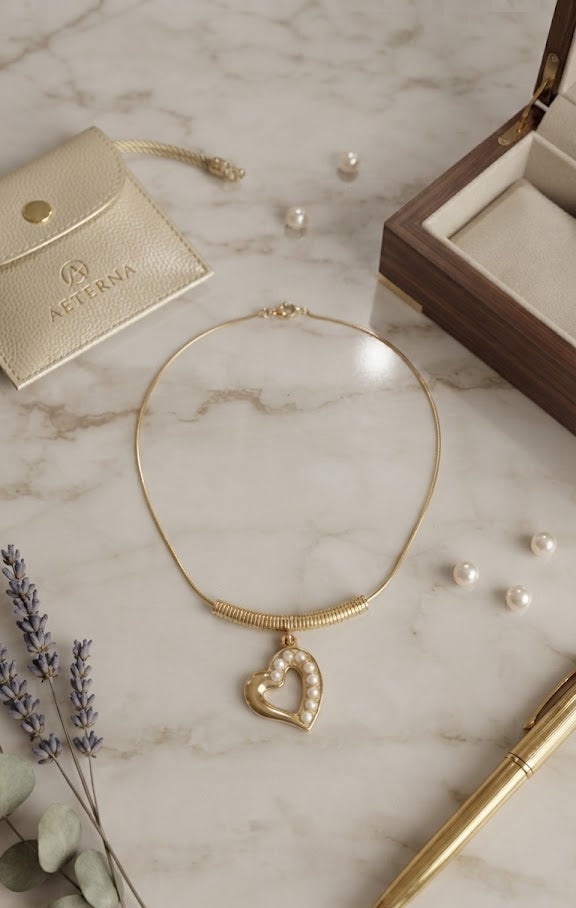 Gold heart pearl necklace in luxury wooden jewellery box on navy velvet – bridal gift necklace by AureliaBlends
