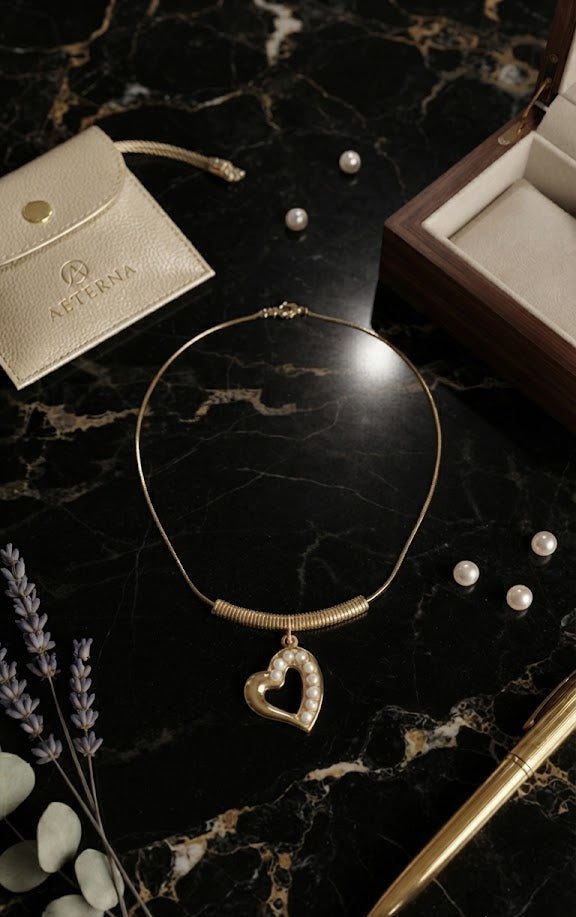 Gold open heart pearl charm necklace in navy blue velvet jewellery box – elegant gift for her by AureliaBlends