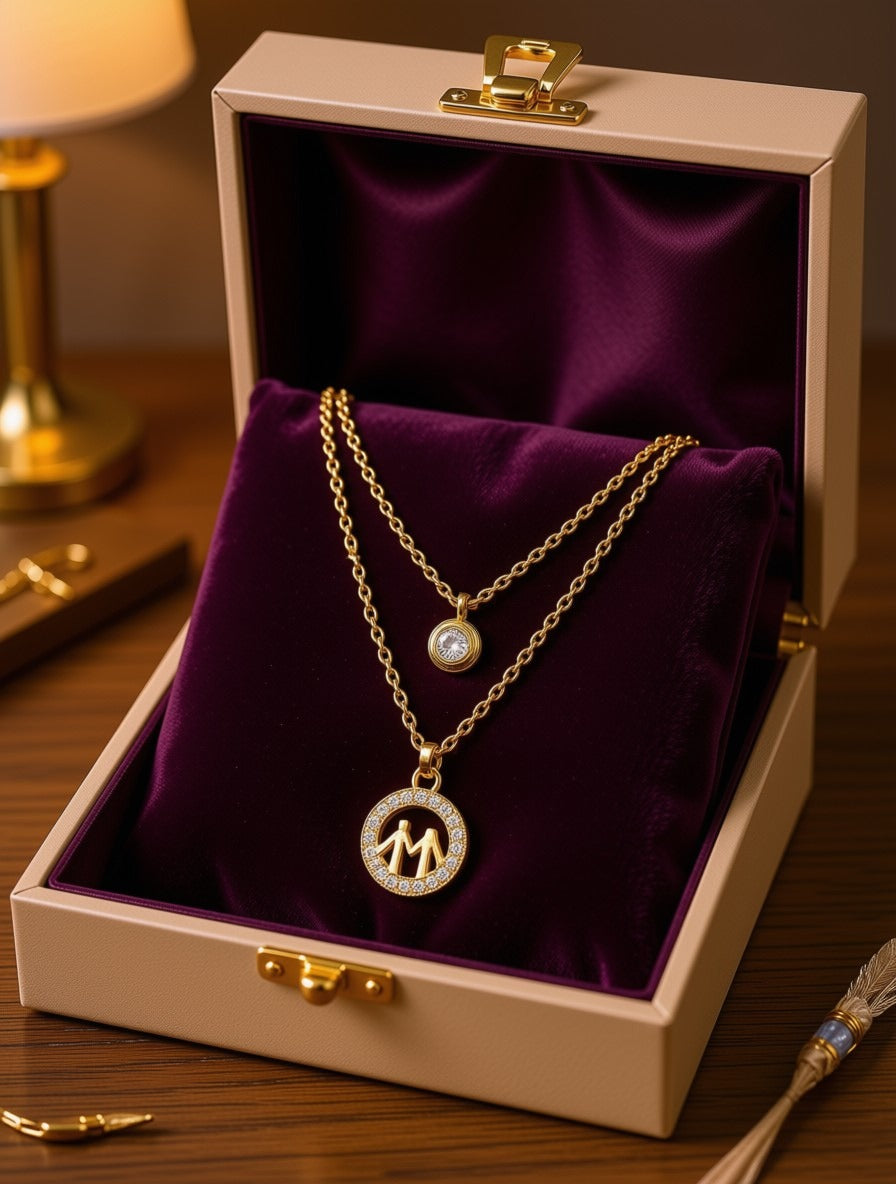 Gold-plated double layer family pendant necklace flat lay on brown silk with CZ solitaire and family circle charm – AureliaBlends