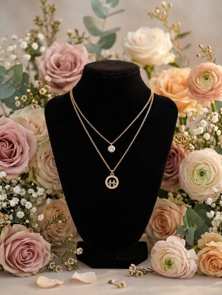 Woman wearing gold double layer family circle pendant necklace with CZ solitaire on grey dress – AureliaBlends