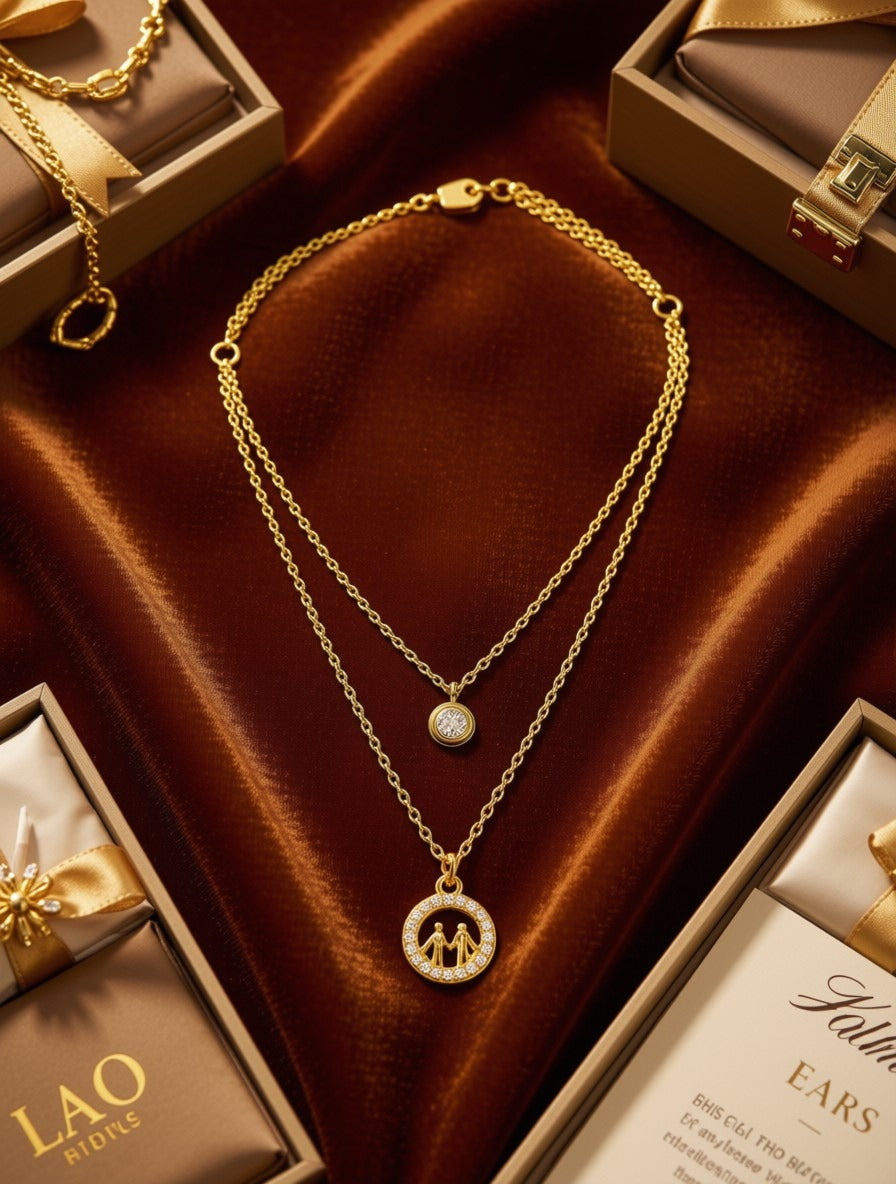 Gold-plated double layer CZ family pendant necklace in open luxury velvet-lined gift box – AureliaBlends