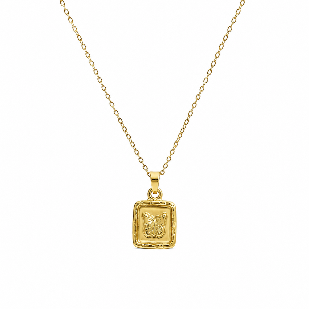 Gold butterfly square medallion pendant necklace on white background – 18K gold-plated dainty cable chain necklace by AureliaBlends