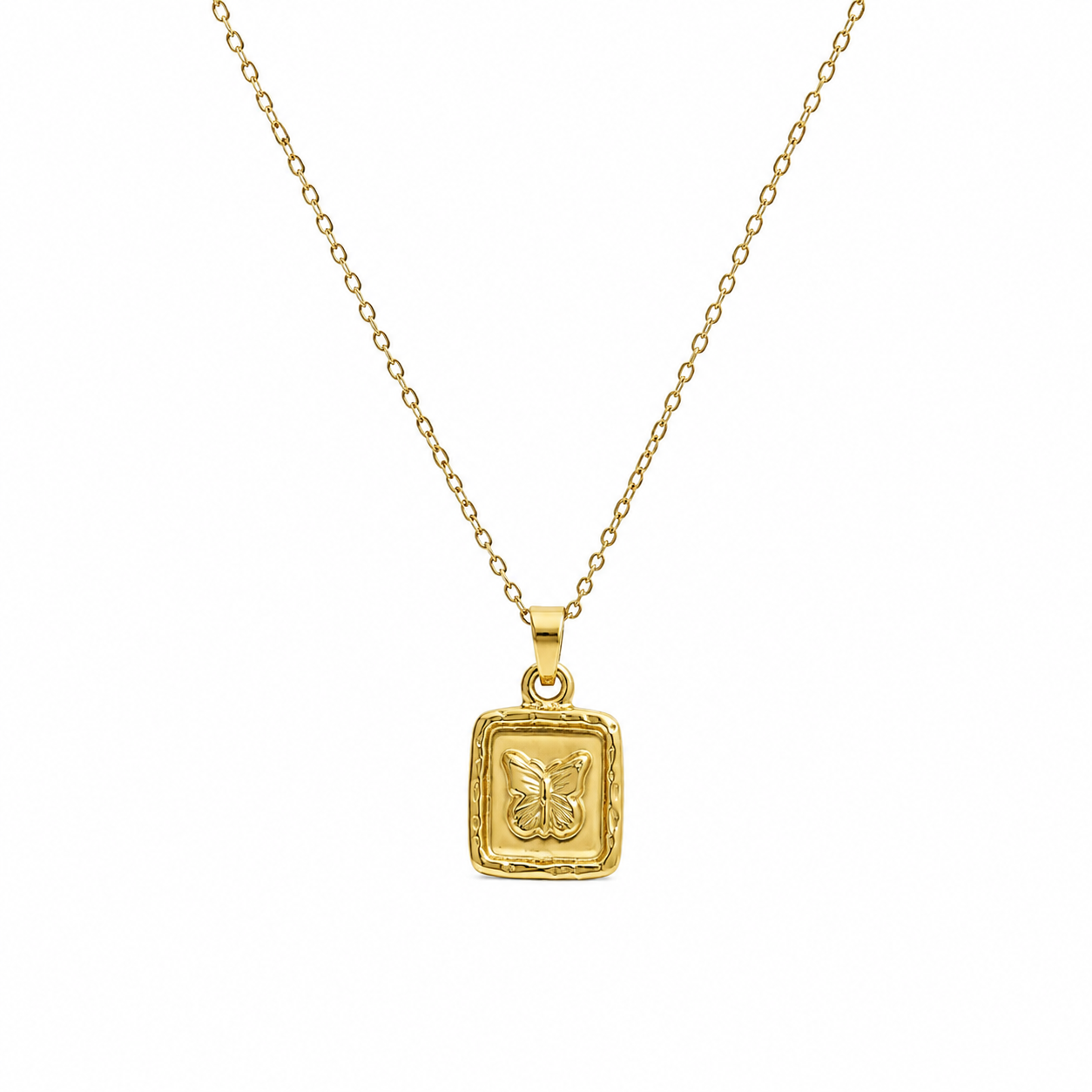 Gold butterfly square medallion pendant necklace on white background – 18K gold-plated dainty cable chain necklace by AureliaBlends