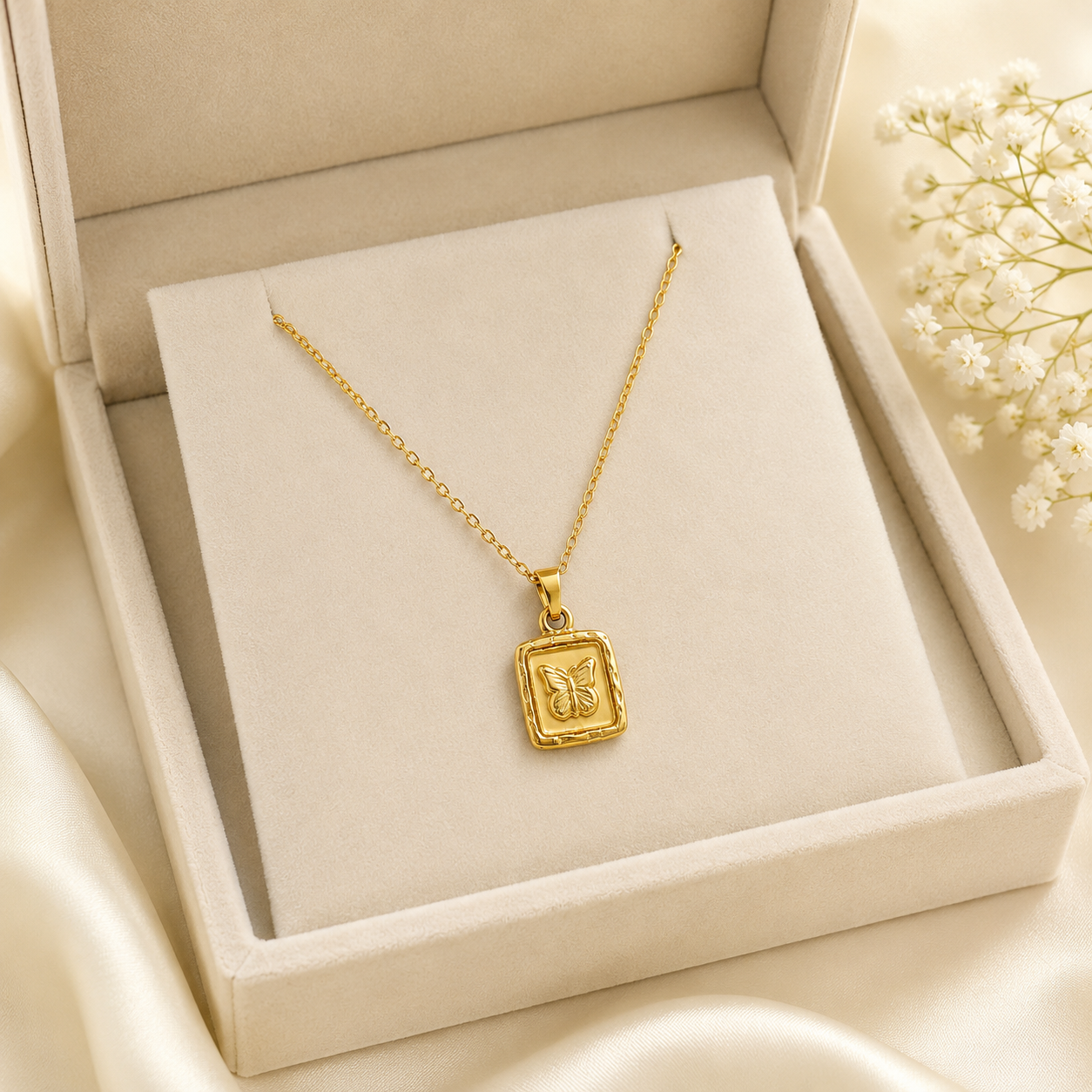 Gold butterfly medallion necklace worn on model in white top – dainty gold pendant necklace by AureliaBlends
