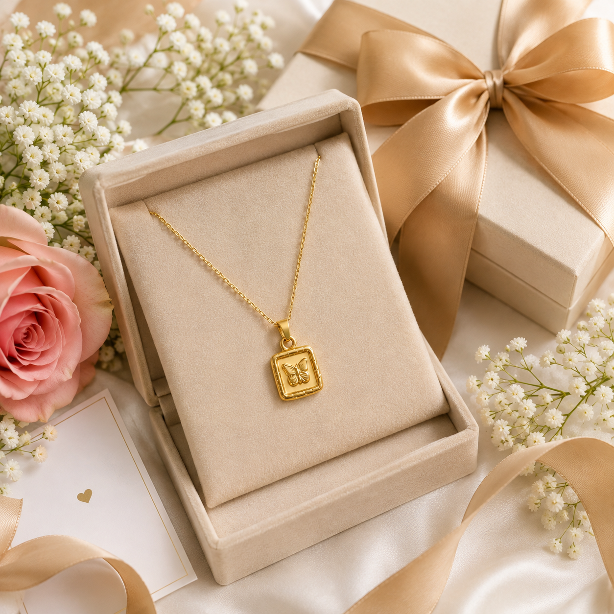 Gold butterfly medallion necklace in gift box with pink roses, ribbon and bow – birthday gift necklace for her by AureliaBlends