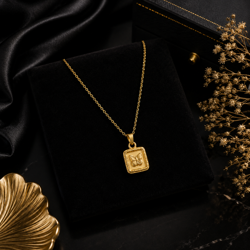 Gold butterfly square pendant necklace in cream velvet jewellery box with gift wrapping and roses – luxury gift for her AureliaBlends