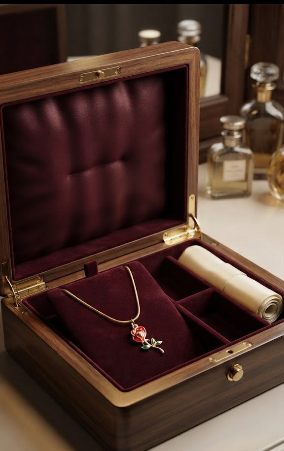 Gold red rose enamel necklace in open burgundy velvet jewellery box on black satin – Valentine’s Day gift necklace by AureliaBlends