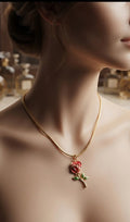 Gold red rose enamel pendant necklace on black jewellery display box with black satin background – romantic gift necklace AureliaBlends