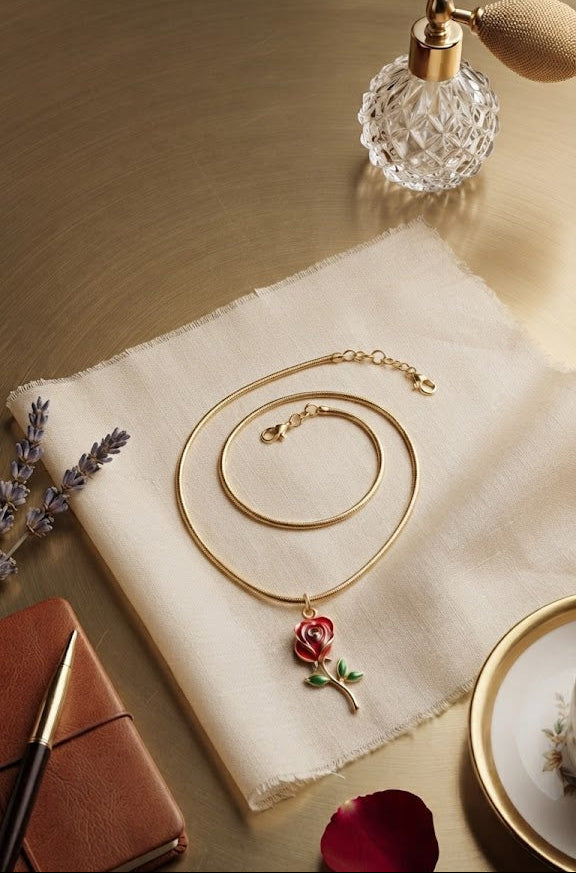 Gold red rose enamel charm necklace flat lay on dark velvet with deep red roses and ferns – anniversary gift necklace by AureliaBlends