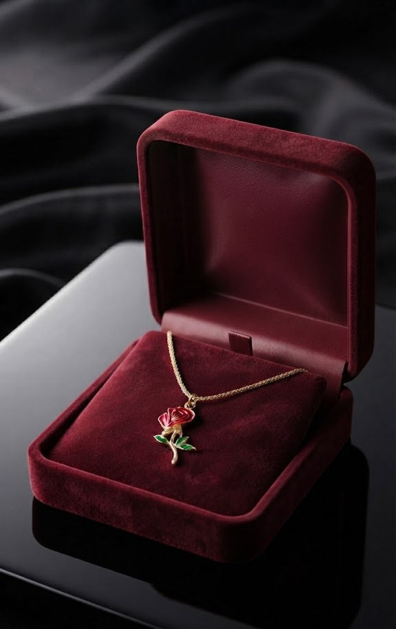 Gold red rose enamel charm necklace on white surface showing full snake chain and rose pendant detail – dainty floral necklace AureliaBlends