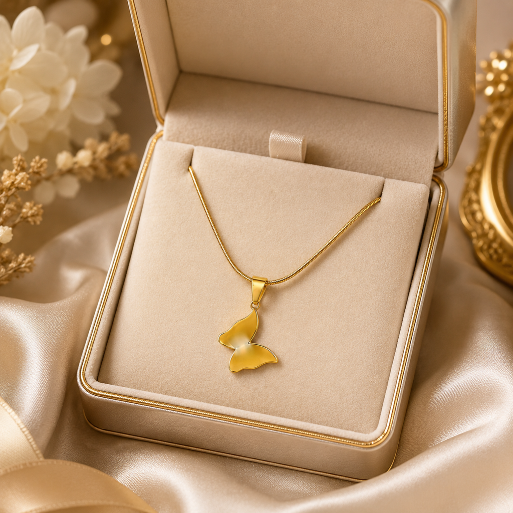 Gold butterfly pendant necklace in open cream luxury gift box with satin ribbon and gift card – birthday gift necklace for her by AureliaBlends