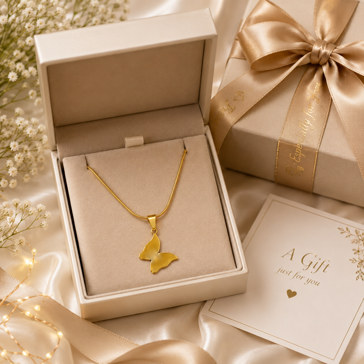 Gold butterfly pendant necklace on jewellery bust in luxury store display – premium dainty gold necklace by AureliaBlends