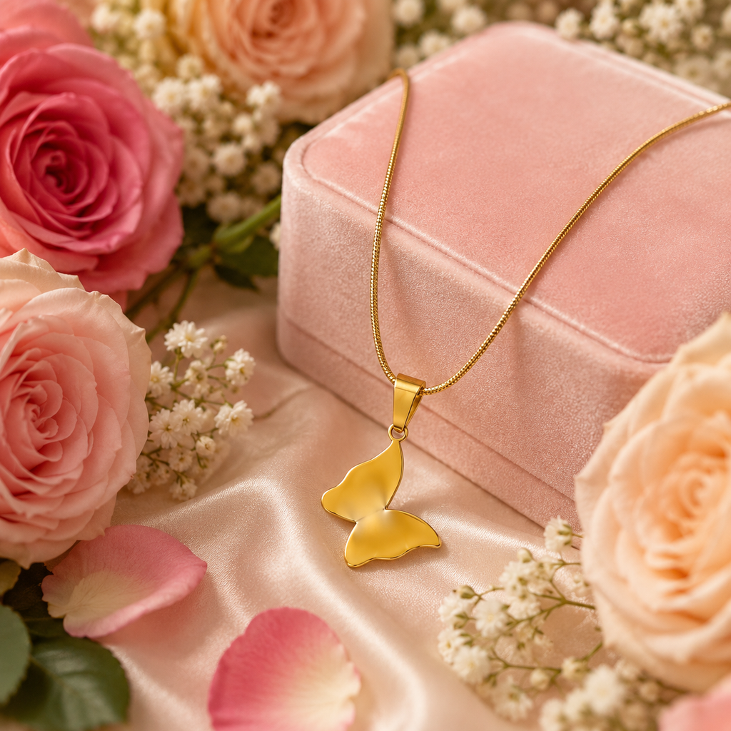 Gold butterfly silhouette pendant close-up on snake chain showing high-polish finish – 18K gold-plated butterfly necklace by AureliaBlends