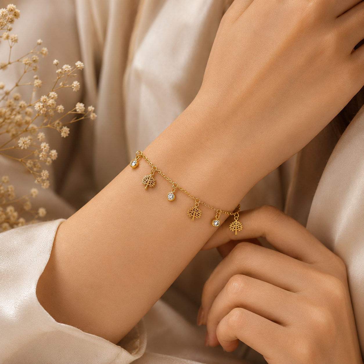 Gold Tree of Life and CZ drop charm bracelet flat lay surrounded by pink roses and baby’s breath – romantic gift bracelet for her AureliaBlends