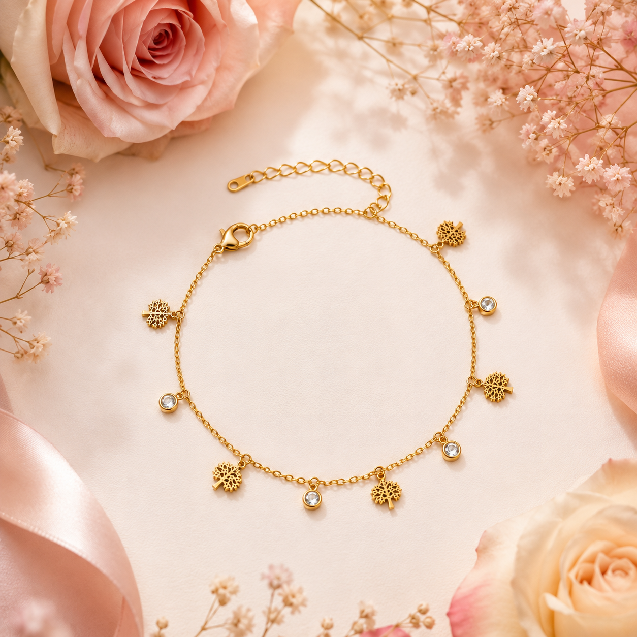 Gold Tree of Life and cubic zirconia charm bracelet in luxury beige gift box with satin ribbon and gift card – meaningful gift bracelet by AureliaBlends