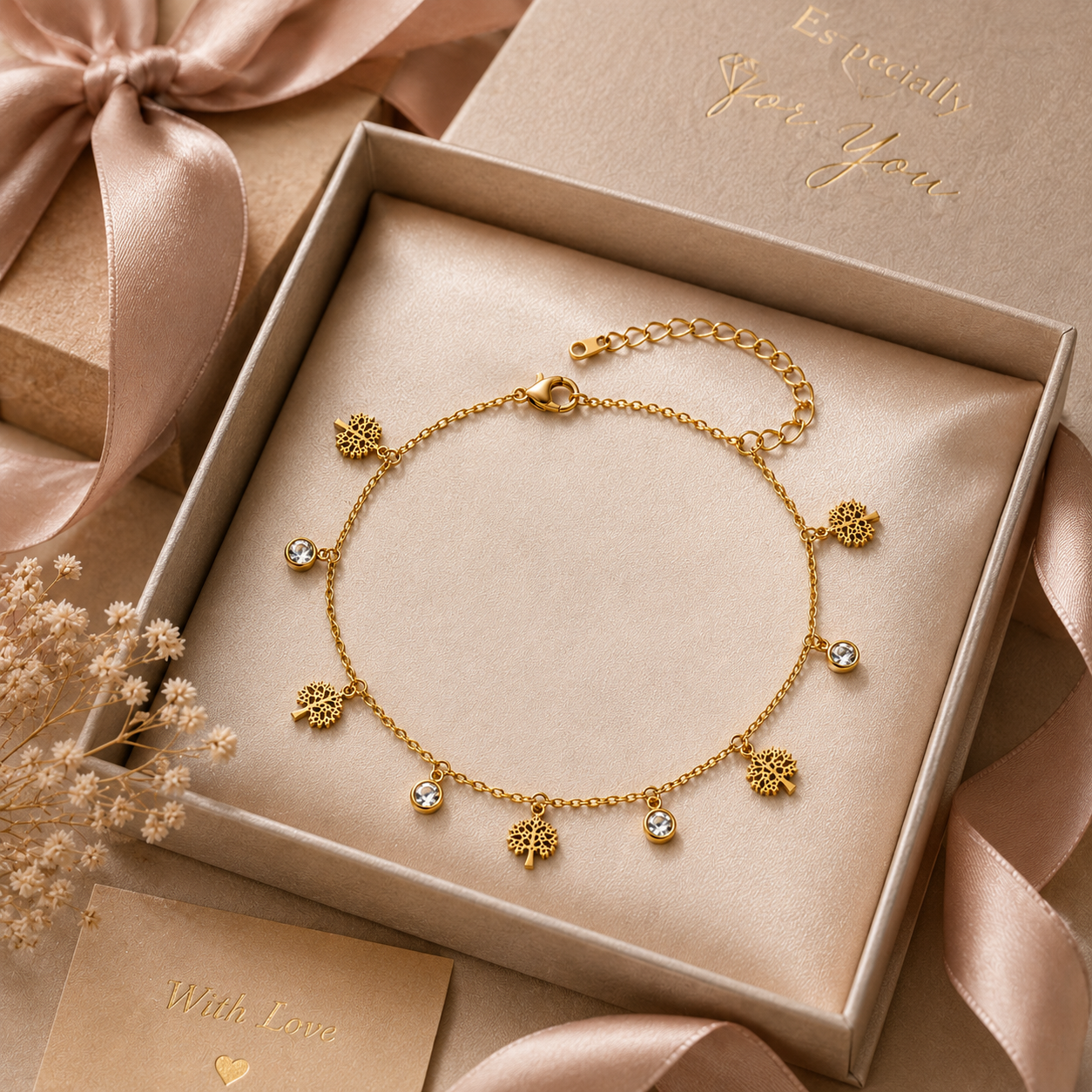 Close-up of gold filigree Tree of Life charm and bezel-set CZ drop on cable chain – 18K gold-plated charm bracelet detail by AureliaBlends