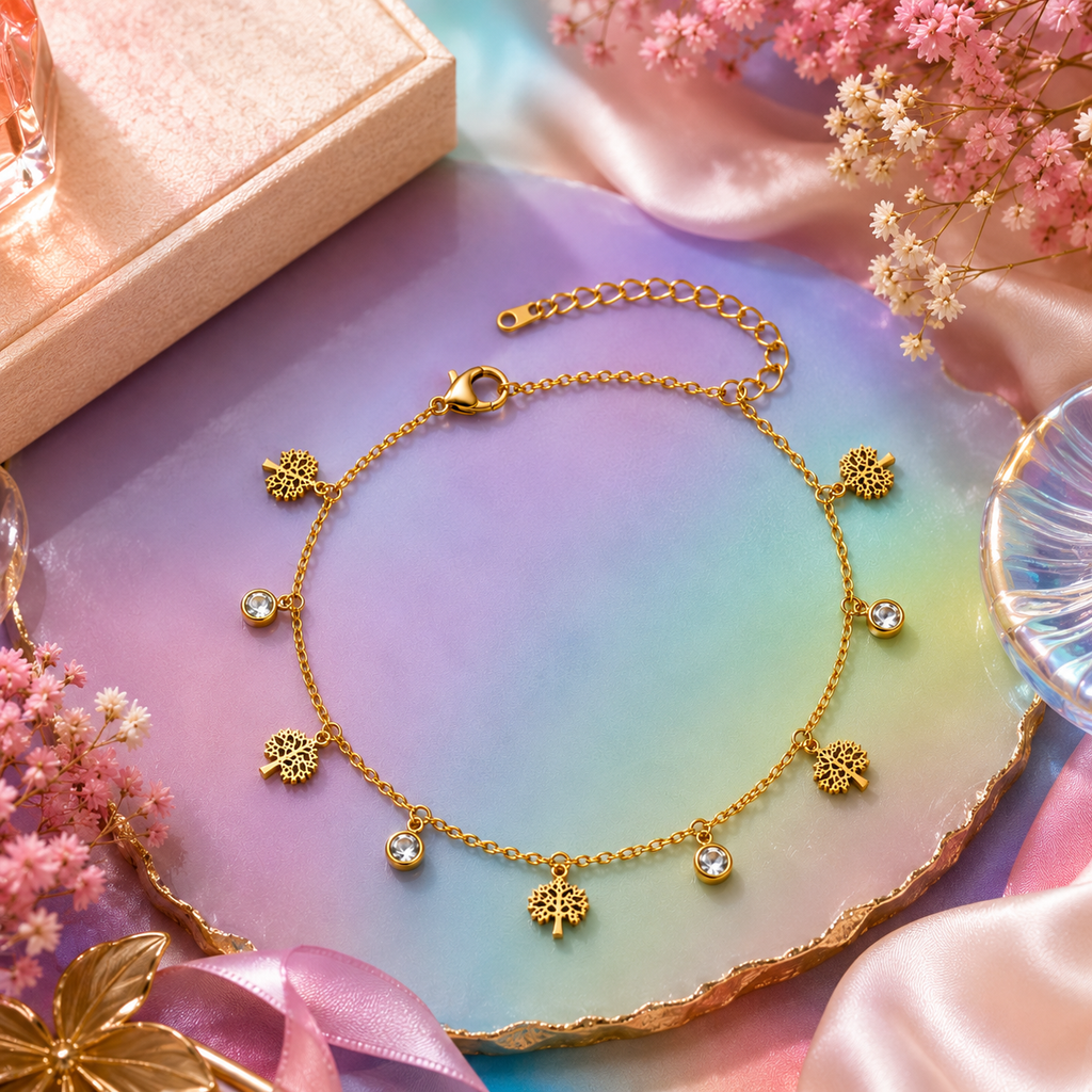 Gold Tree of Life and CZ charm bracelet in luxury cream gift box with gold ribbon bow – elegant birthday gift bracelet for her by AureliaBlends