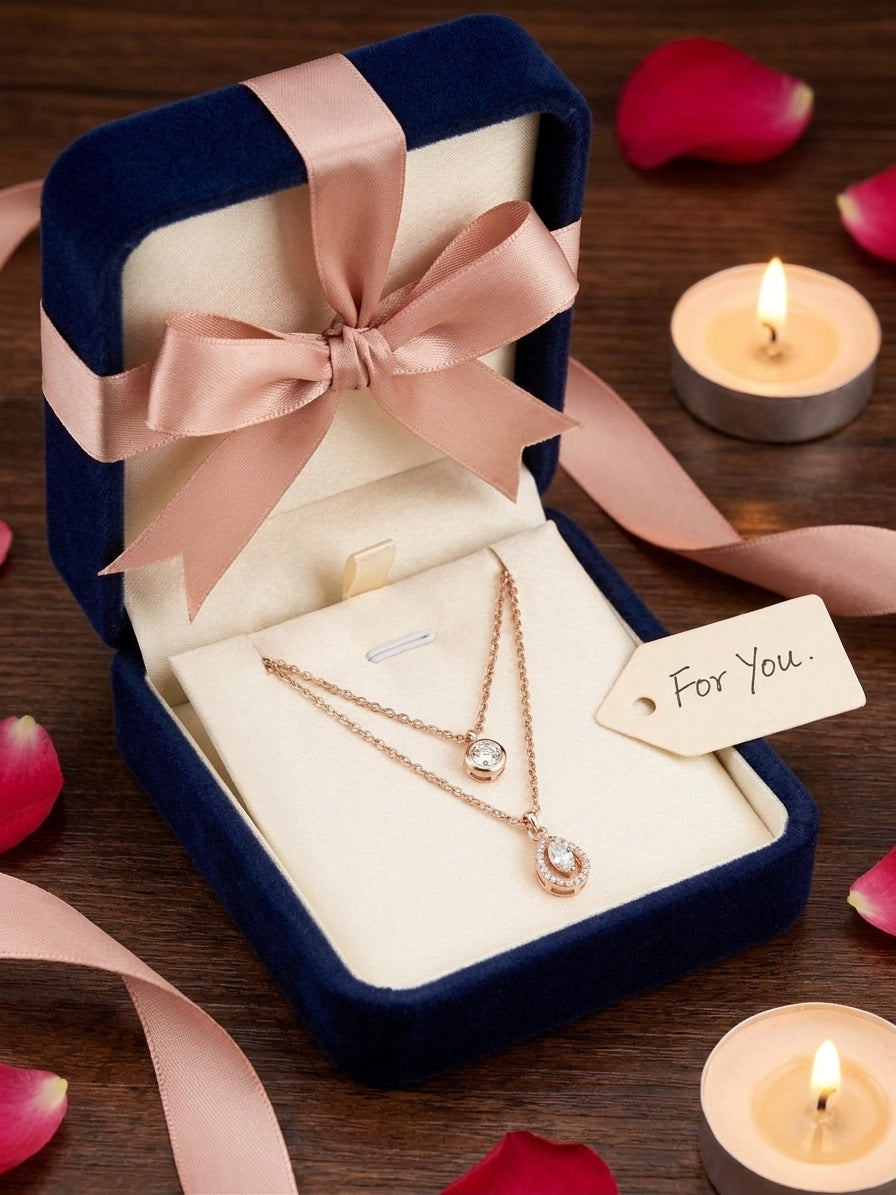 Rose gold double layer CZ teardrop and solitaire necklace in open navy velvet gift box with blush ribbon For You tag and rose petals and candles – AureliaBlends