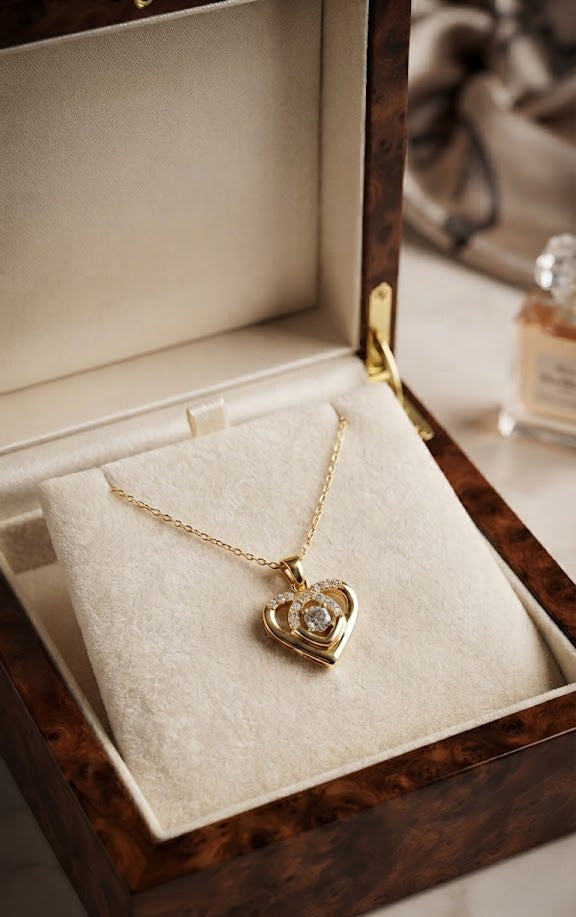 Gold CZ swirl heart pendant necklace in open blush velvet gift box with For Her card and pink roses on rustic wooden table – AureliaBlends gift for her