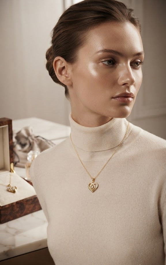 Gold cubic zirconia swirl heart pendant necklace on black velvet background showing full cable chain and CZ centre stone – AureliaBlends statement necklace