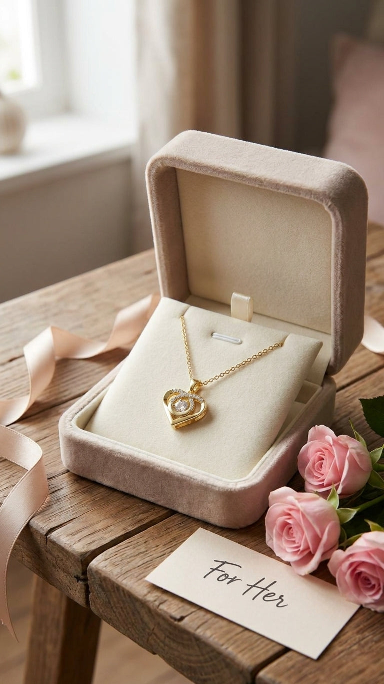 Gold CZ swirl heart pendant necklace on black velvet jewelry bust in luxury boutique showcase – AureliaBlends bridal jewelry