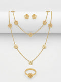 Gold filigree rose 4-piece jewellery set in navy blue velvet gift box with gold ribbon and To My Love card on wooden table with rose petals – romantic gift set by AureliaBlends
