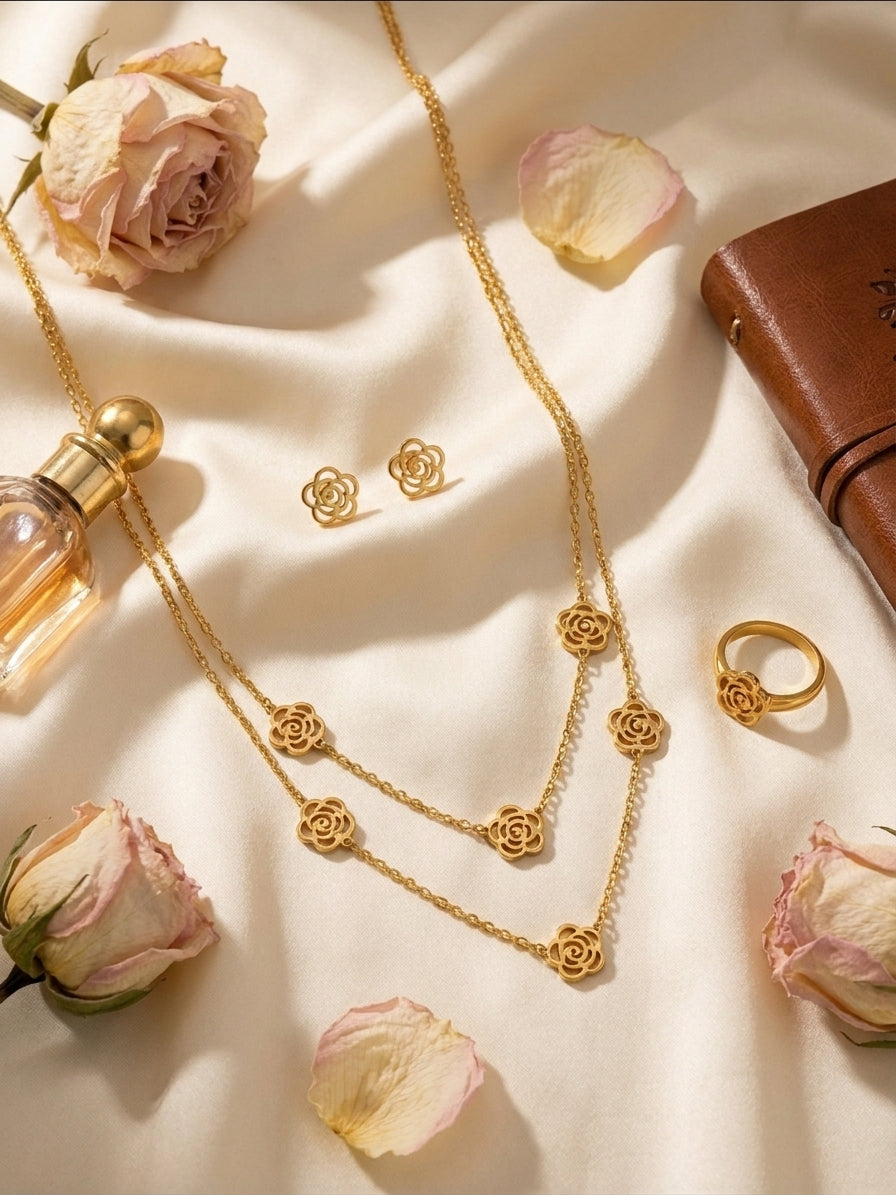 Gold filigree rose 4-piece jewellery set in open blush pink velvet gift box with gold trim and To My Love card surrounded by roses – Valentine’s Day gift set AureliaBlends