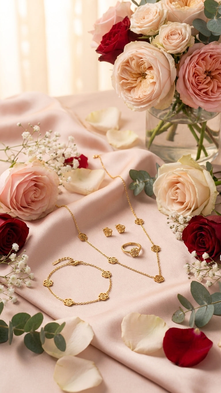 Gold filigree rose necklace and bracelet charm detail close-up on black marble surface – 18K gold-plated rose charm jewellery set by AureliaBlends