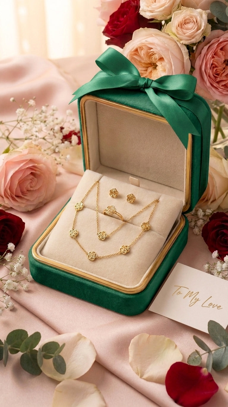 Gold filigree rose jewellery set in blush pink velvet gift box with gold trim on pink satin with rose petals – bridal shower gift set AureliaBlends