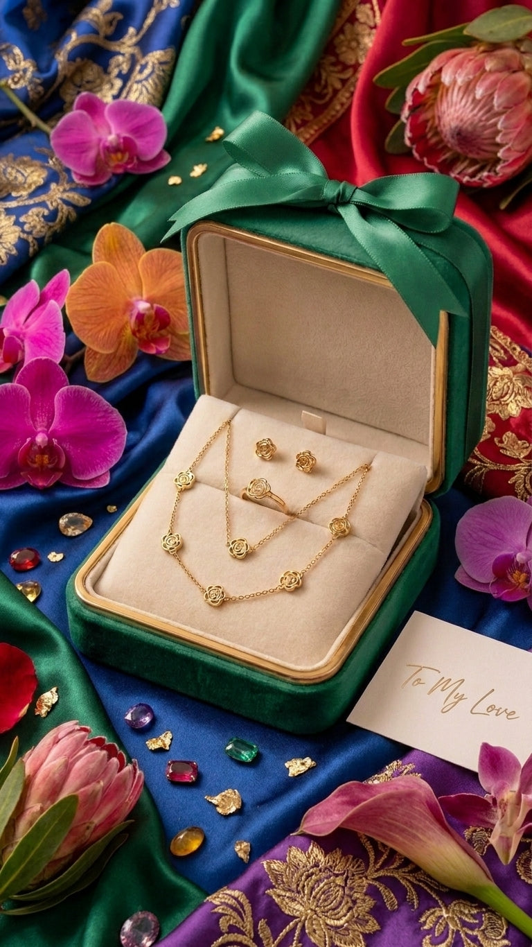 Gold filigree rose 4-piece jewellery set in navy blue velvet gift box with gold ribbon bow on wooden table – romantic anniversary gift set by AureliaBlends