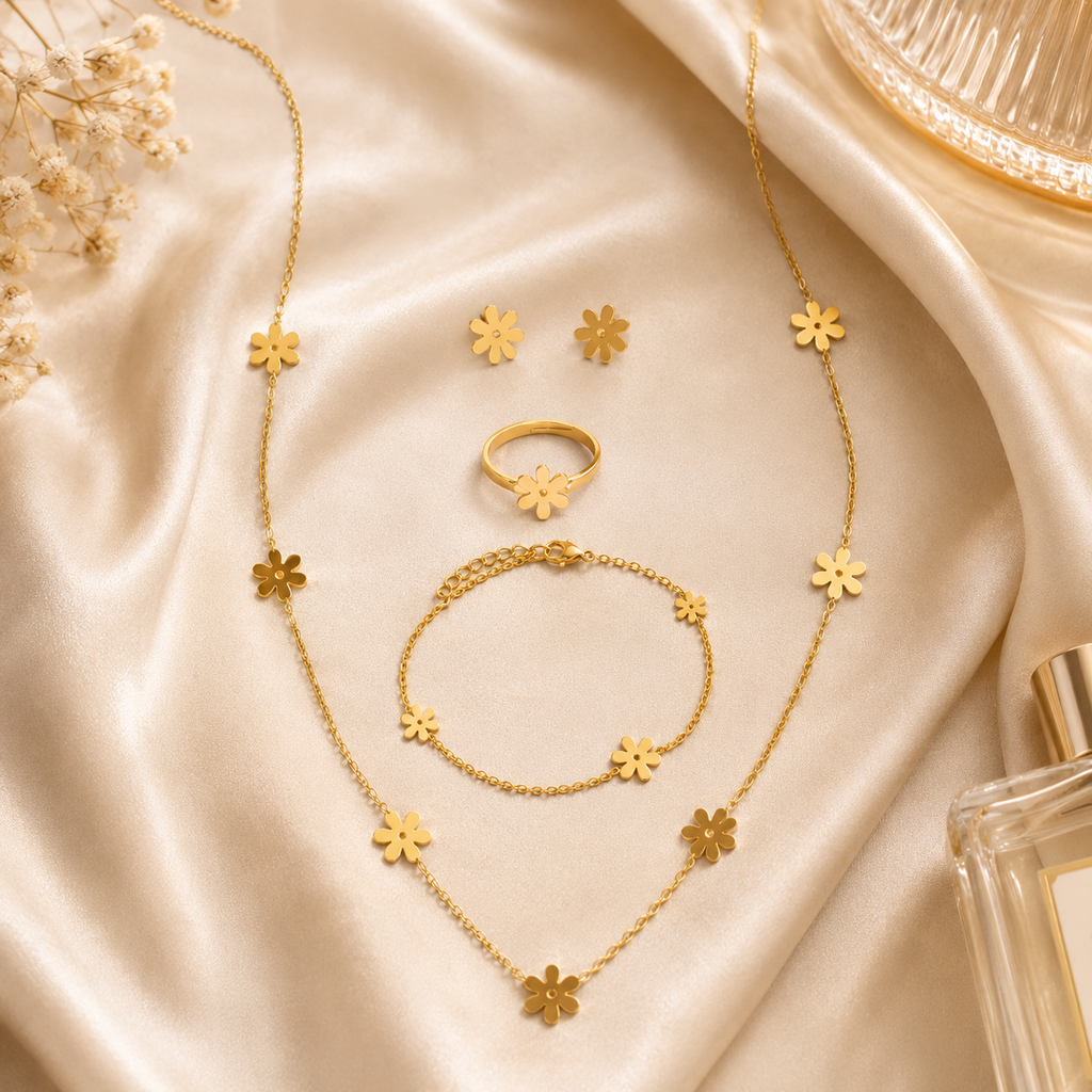 Gold daisy flower jewellery set in open beige velvet gift box with Especially For You card, pink roses and fairy lights – birthday gift set for her AureliaBlends