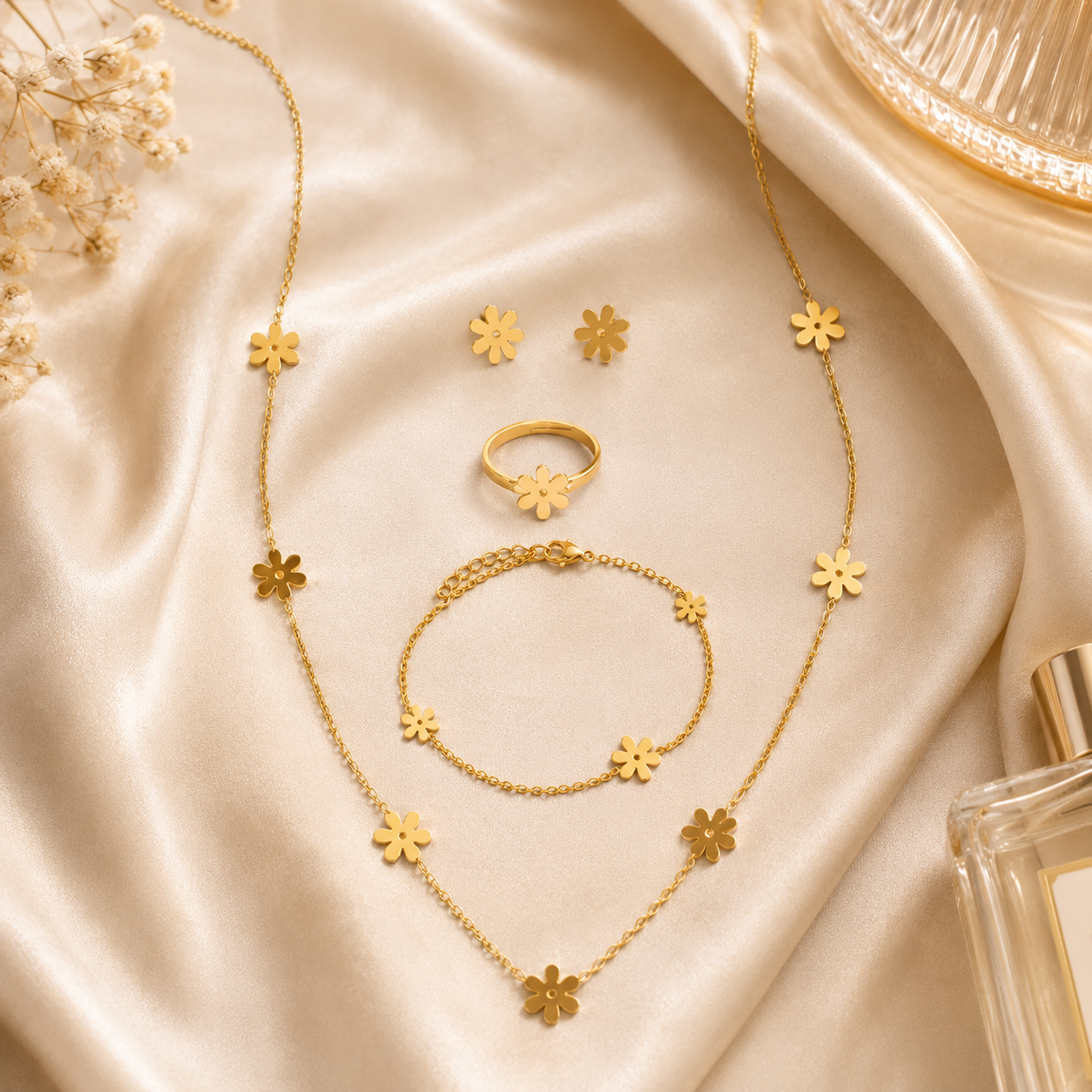 Gold daisy flower jewellery set in open beige velvet gift box with Especially For You card, pink roses and fairy lights – birthday gift set for her AureliaBlends