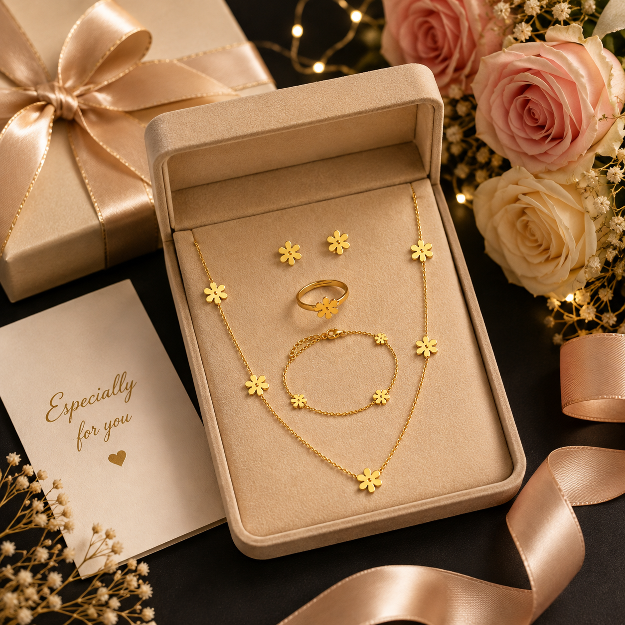 Gold daisy station necklace close-up on beige velvet bust showing full length and daisy charm detail – 18K gold-plated daisy necklace by AureliaBlends