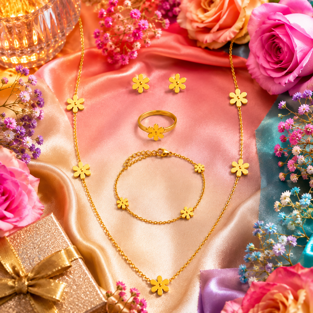 Gold daisy charm bracelet, stud earrings and ring close-up on beige velvet tray – matching gold daisy bracelet earrings ring set AureliaBlends