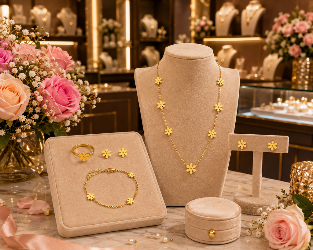 Gold daisy flower jewellery set in beige velvet gift box with Especially For You card and satin ribbon on dark surface with roses – luxury gift set for her AureliaBlends