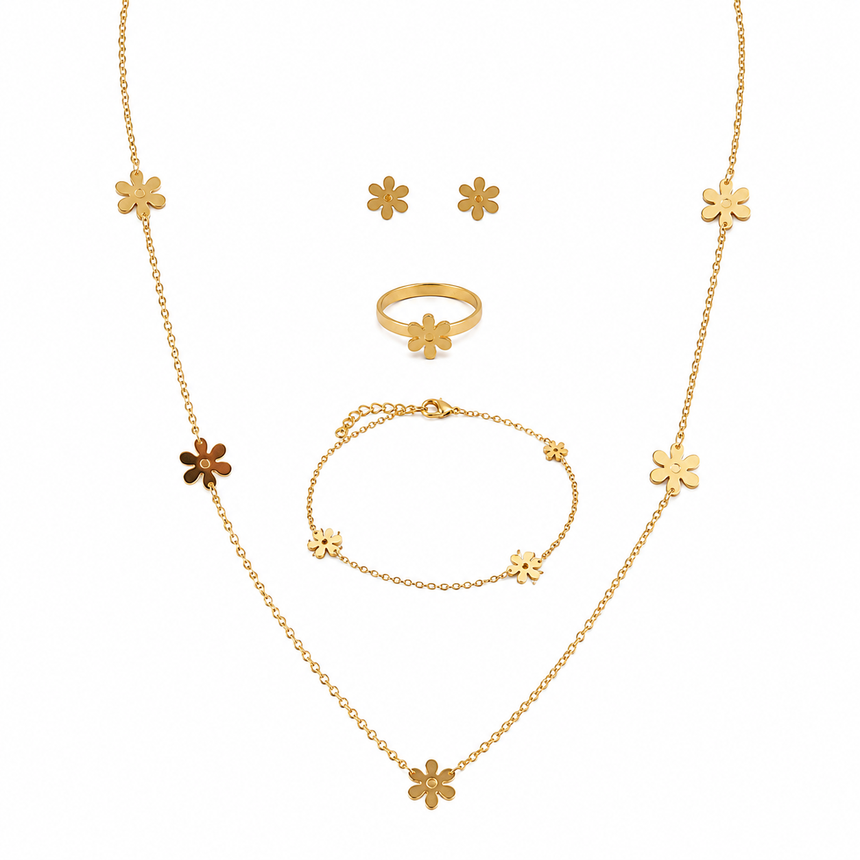 Gold daisy flower 4-piece jewellery set flat lay on cream satin with baby’s breath and perfume bottle – 18K gold-plated daisy necklace bracelet earrings ring set by AureliaBlends