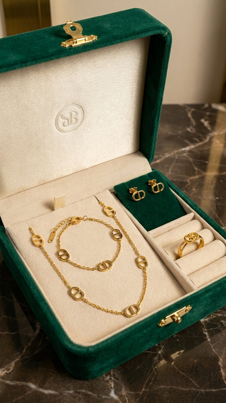 Gold mariner link jewellery set flat lay on black velvet showing station necklace, bracelet, ring and stud earrings – luxury gold link set by AureliaBlends