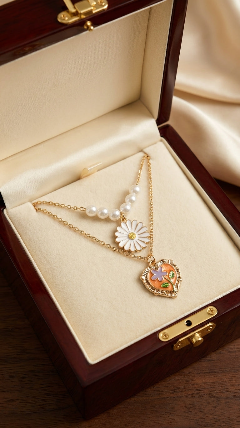 Gold layered pearl daisy and floral heart locket necklace set on black velvet showing full length and pendant detail – double layer necklace set by AureliaBlends