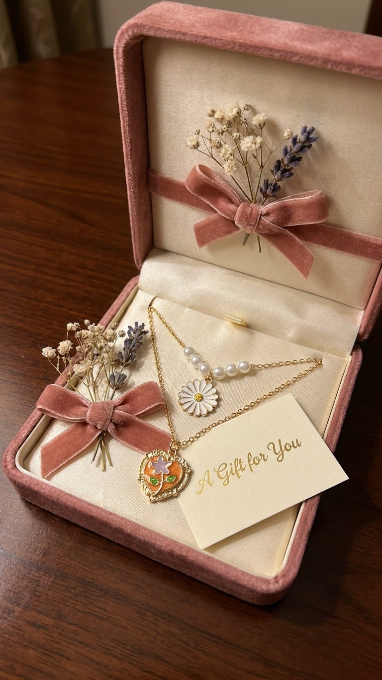 Gold double-layer pearl daisy and orange enamel floral heart locket necklace set on black jewellery bust surrounded by blush pink garden roses, lavender and eucalyptus – bridal necklace gift AureliaBlends