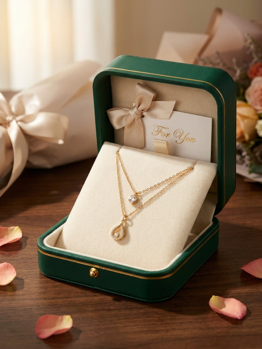 Woman wearing gold double layer CZ solitaire and teardrop halo pendant necklace on neck in black satin dress – AureliaBlends