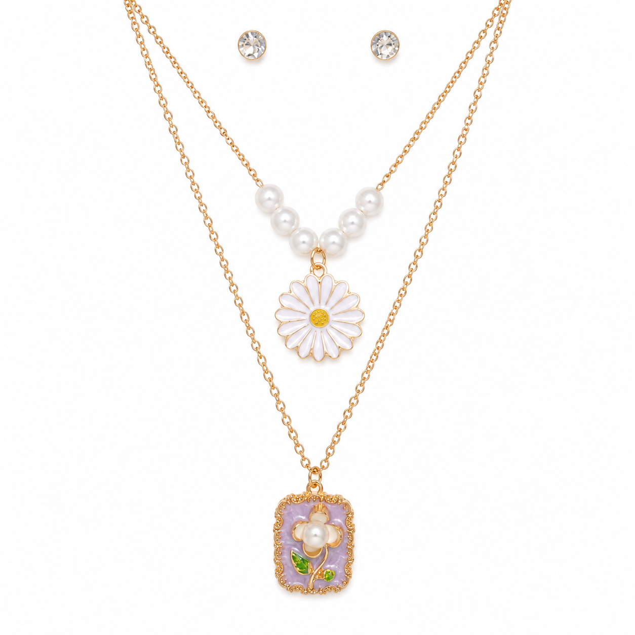 Gold pearl daisy pendant and lavender enamel floral rectangle pendant layered necklace set with CZ stud earrings in open cream velvet gift box on gold satin – romantic jewellery gift set by AureliaBlends