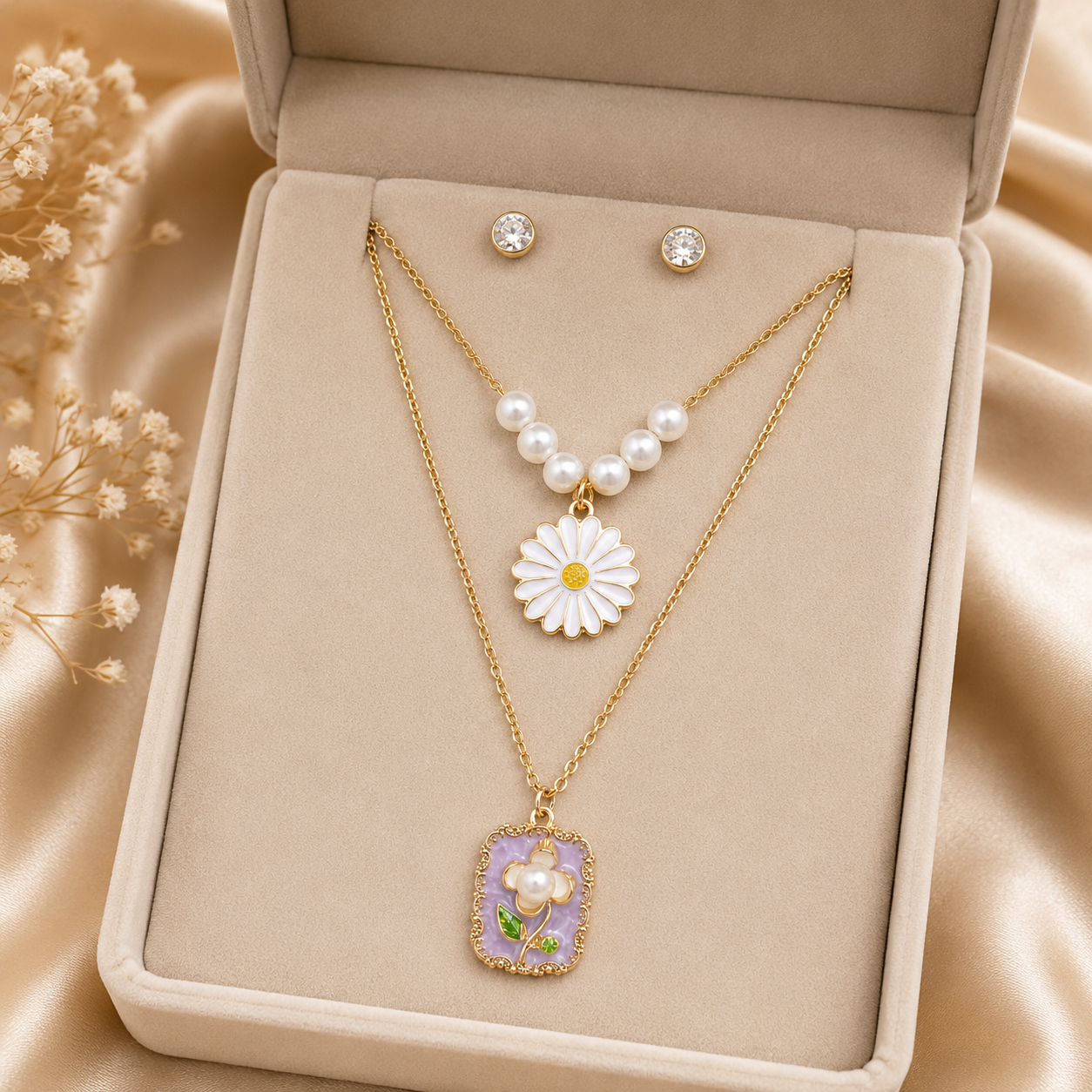 Gold layered pearl daisy and lavender floral pendant necklace set with CZ stud earrings worn on model with cream satin top – 18K gold-plated layered necklace set by AureliaBlends