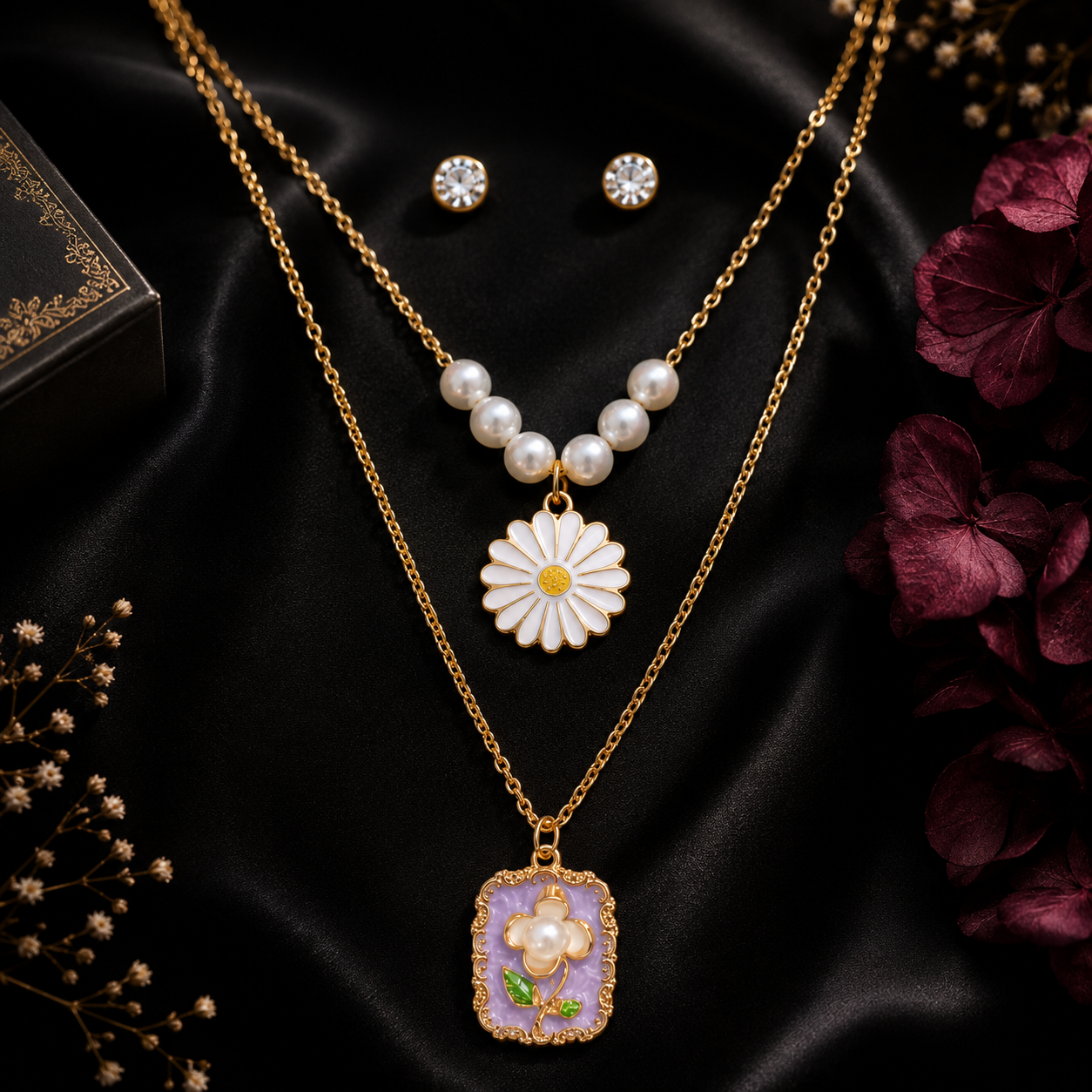 Gold pearl daisy and lavender floral pendant layered necklace set with CZ earrings in cream velvet gift box with Especially For You card, satin ribbon and pink roses – birthday gift necklace set AureliaBlends