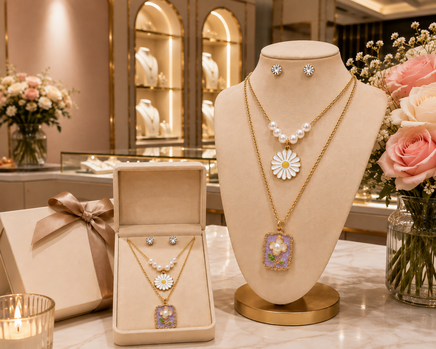 Close-up of white enamel daisy pendant on pearl station chain and lavender enamel floral rectangle pendant on gold cable chain with CZ stud earrings – 18K gold-plated floral layered necklace detail by AureliaBlends