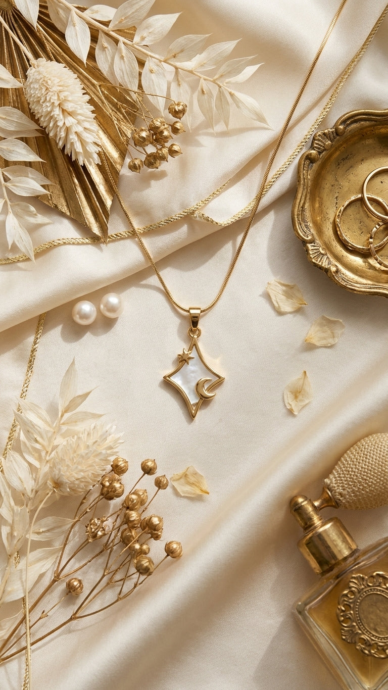 Gold star and moon mother of pearl pendant necklace in open navy blue velvet gift box with cream satin interior and white ribbon on black velvet with dried botanicals and pearl studs – birthday gift necklace AureliaBlends