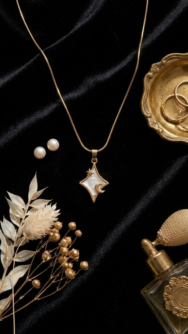 Gold star and moon mother of pearl pendant necklace displayed on dark grey jewellery bust in luxury fine jewellery store with glass display cases – premium celestial gold necklace by AureliaBlends