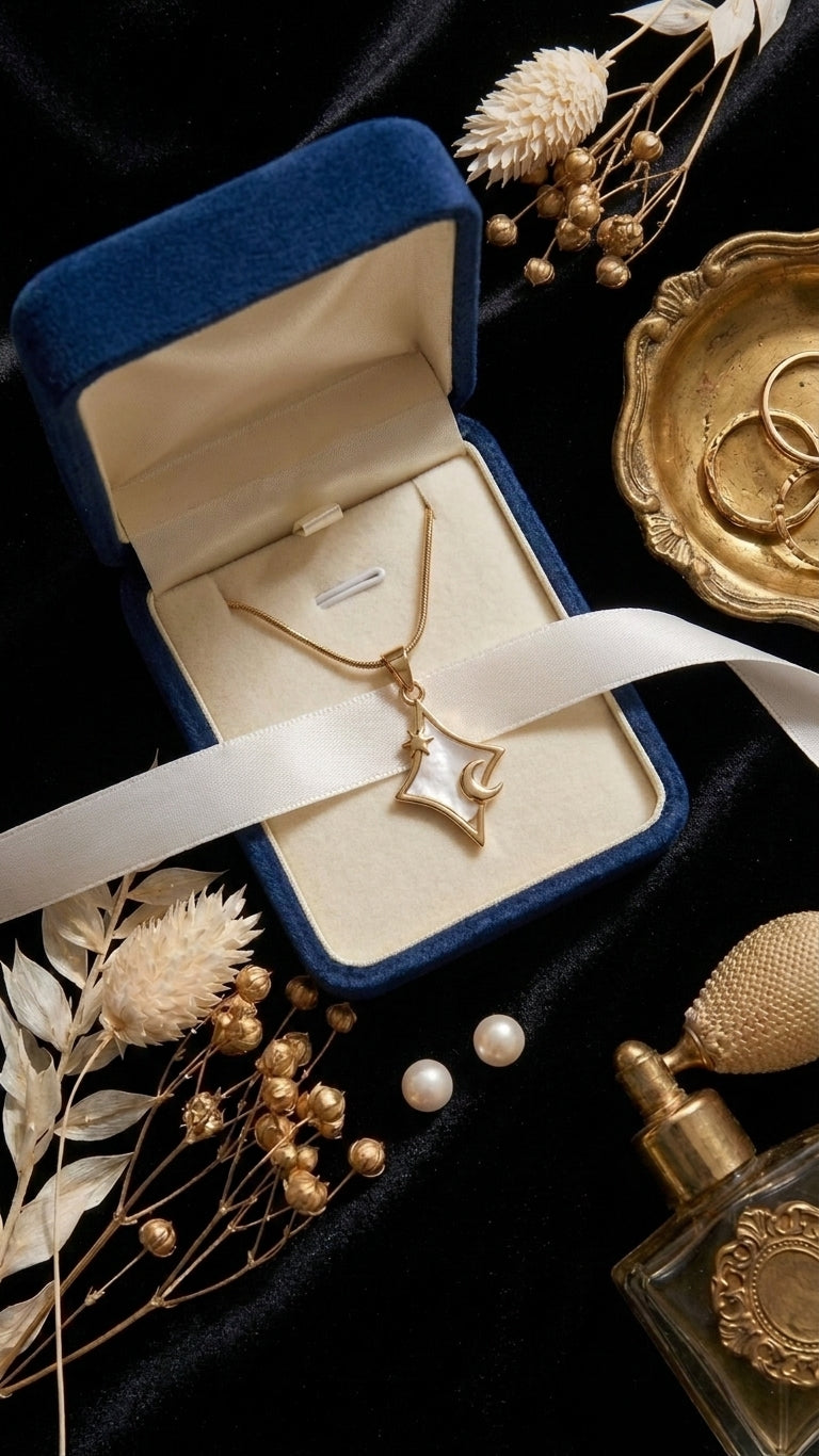 Close-up of gold four-pointed star mother of pearl pendant with crescent moon and star accent on gold snake chain – 18K gold-plated celestial pendant necklace detail by AureliaBlends